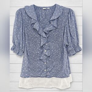 🌞 Floral Blue Ruffle Blouse - size Large